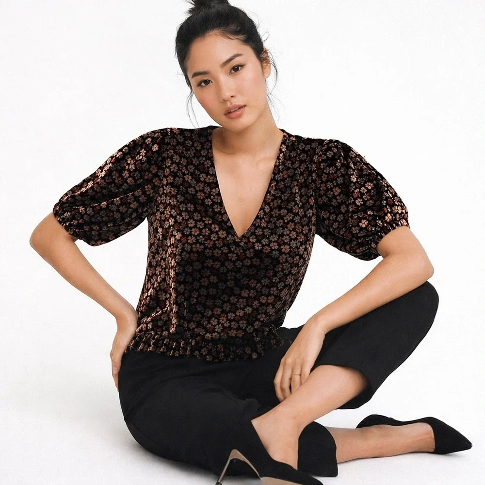 Madewell Floral‎ Burnout Velvet V Neck Puff Sleeve Top Black Brown L Coquette